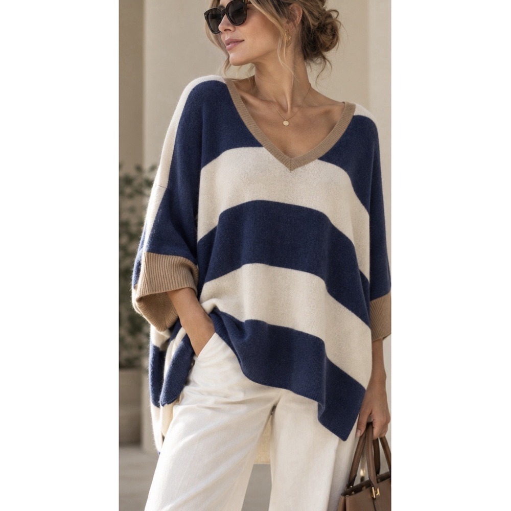 Minnie Rose Sweater Women S Navy Ivory Stripe Oversized V Neck Poncho Dolman